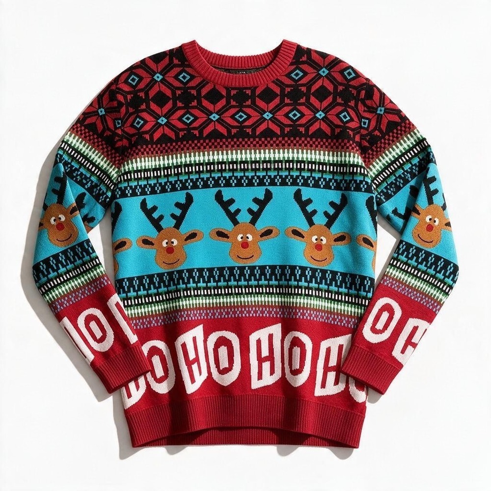 NWOT Reindeer Ho Ho Ho Ugly Christmas Sweater XL Red Blue Fair Isle Holiday